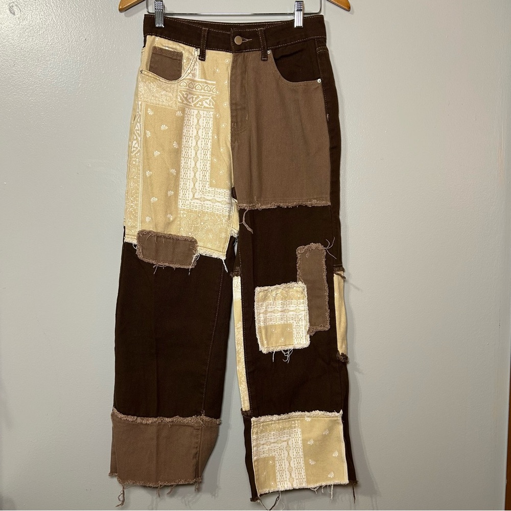 Brown & Cream Jeans Floral Patchwork Size S/4 Boho Cottagecore Distressed Baggy‎